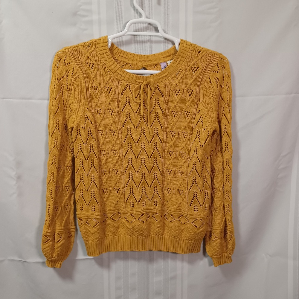 Alya Sweater Womens Medium Yellow Pointelle Open Knit Keyhole Back Pullover